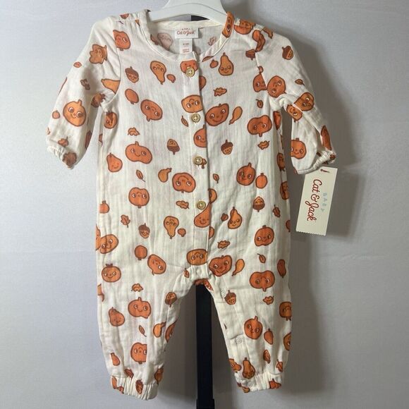 Cat & Jack Fall Autumn Cream Long Sleeve Romper Pumpkins Acorns NWT 6-9 Months - Picture 3 of 6